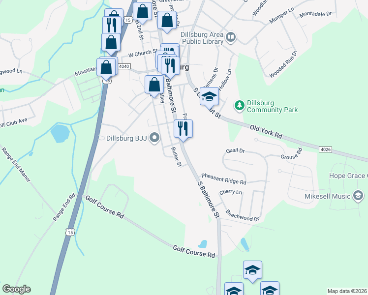 map of restaurants, bars, coffee shops, grocery stores, and more near 311 S Baltimore St in Dillsburg