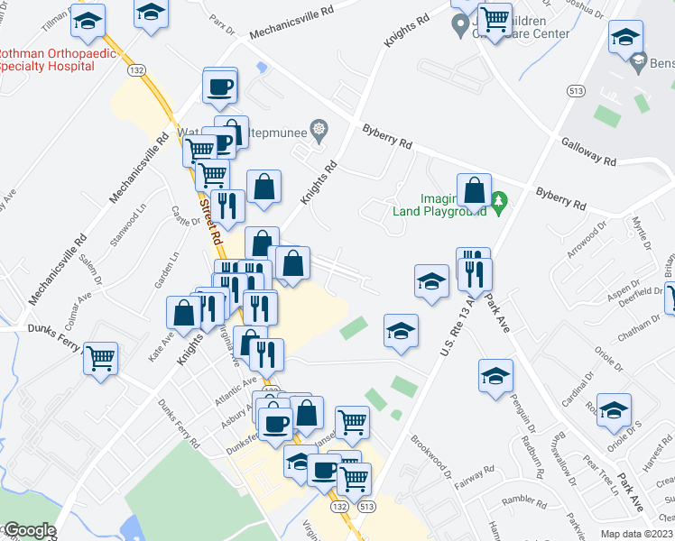 map of restaurants, bars, coffee shops, grocery stores, and more near 3131 Knights Road in Cornwells Heights