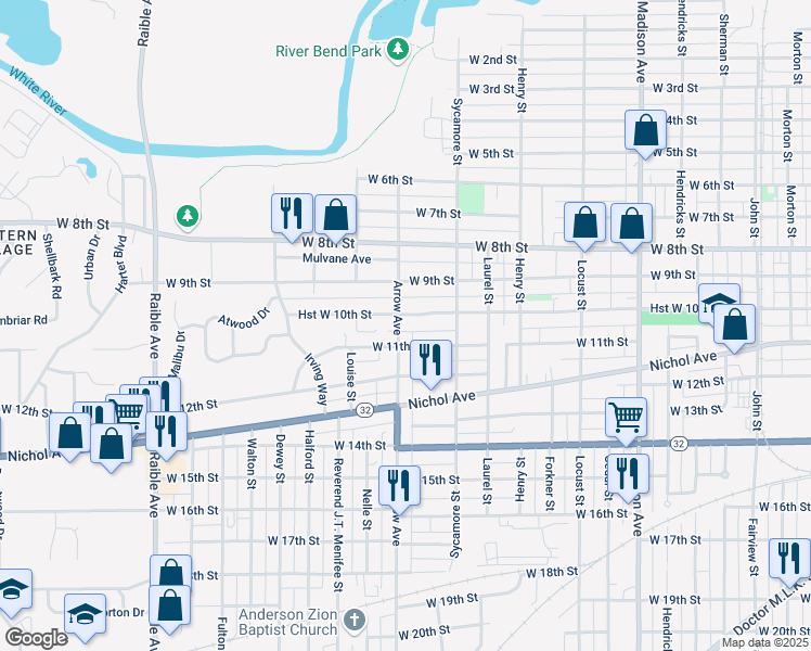 map of restaurants, bars, coffee shops, grocery stores, and more near 1010 Arrow Avenue in Anderson