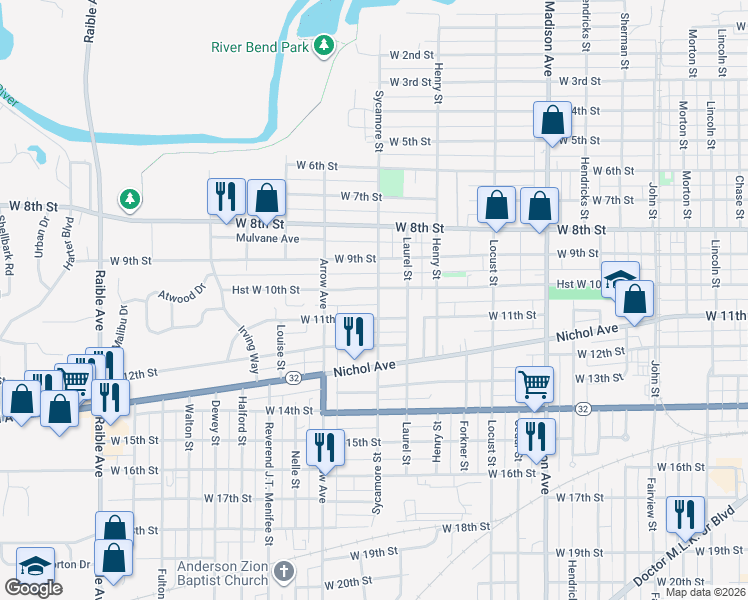 map of restaurants, bars, coffee shops, grocery stores, and more near 1007 Sycamore Street in Anderson