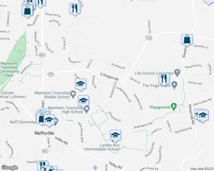 map of restaurants, bars, coffee shops, grocery stores, and more near 340 Longmeadow Road in Lancaster