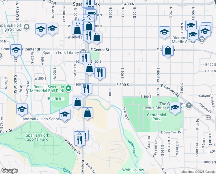 map of restaurants, bars, coffee shops, grocery stores, and more near 230 East 300 South in Spanish Fork