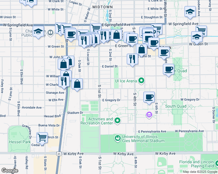 map of restaurants, bars, coffee shops, grocery stores, and more near 1009 South 2nd Street in Champaign