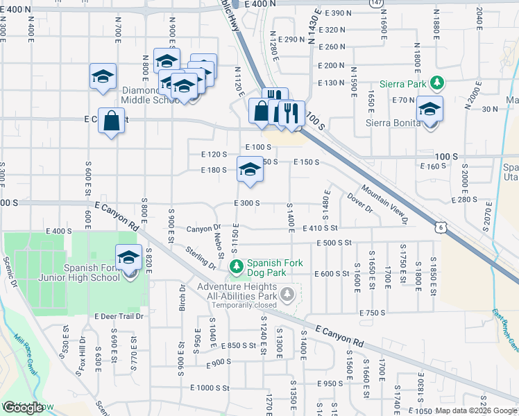 map of restaurants, bars, coffee shops, grocery stores, and more near 325 South 1230 East Street in Spanish Fork
