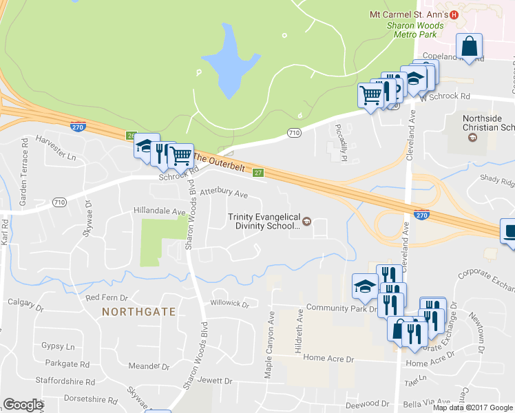 map of restaurants, bars, coffee shops, grocery stores, and more near 6675 Walbridge Street in Columbus