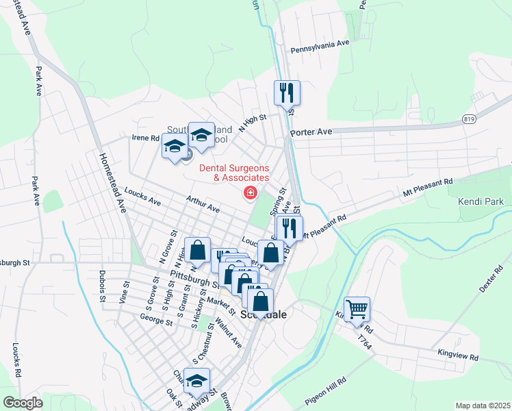 map of restaurants, bars, coffee shops, grocery stores, and more near 421 North Chestnut Street in Scottdale