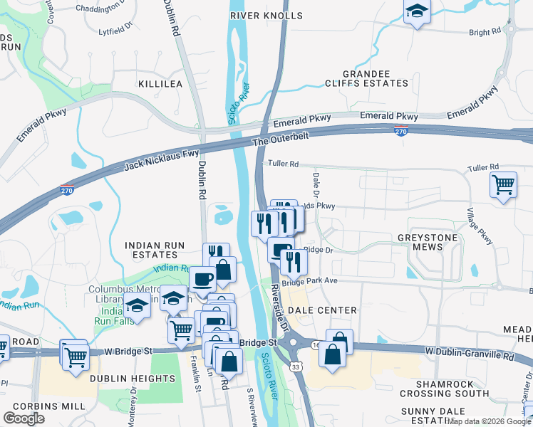 map of restaurants, bars, coffee shops, grocery stores, and more near 6800 Riverside Drive in Dublin