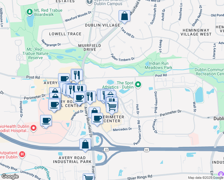 map of restaurants, bars, coffee shops, grocery stores, and more near 6146 Perimeter Lakes Drive in Dublin