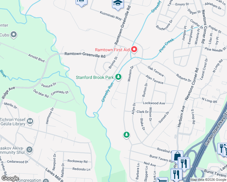 map of restaurants, bars, coffee shops, grocery stores, and more near 22 Netty Street in Howell Township