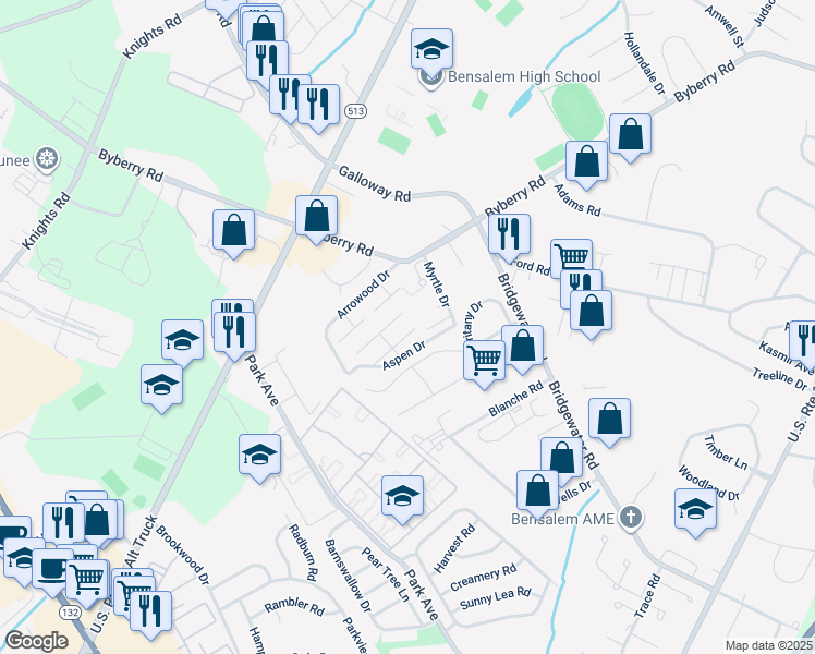 map of restaurants, bars, coffee shops, grocery stores, and more near 1931 Beech Lane in Bensalem