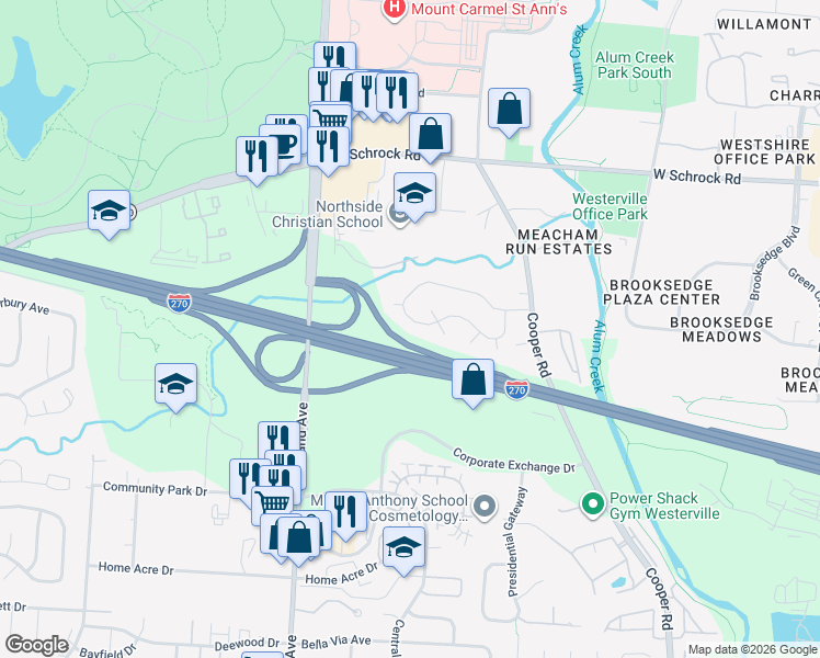 map of restaurants, bars, coffee shops, grocery stores, and more near 2719 Cooper Ridge Road in Columbus