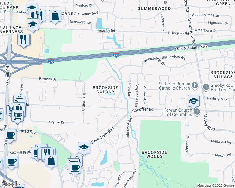 map of restaurants, bars, coffee shops, grocery stores, and more near 7321 Mapleleaf Boulevard in Columbus