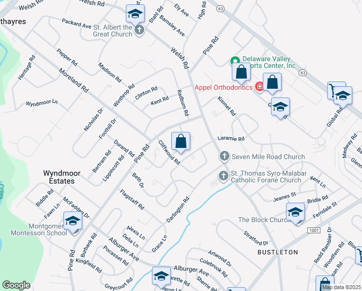 map of restaurants, bars, coffee shops, grocery stores, and more near 9676 Sandanne Road in Philadelphia
