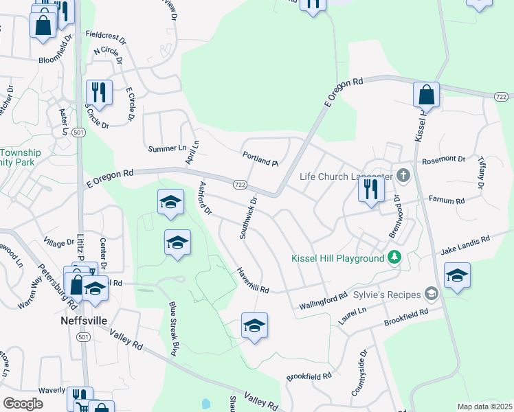 map of restaurants, bars, coffee shops, grocery stores, and more near 2869 Southwick Drive in Lancaster