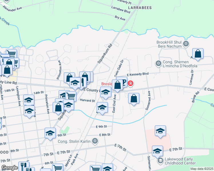 map of restaurants, bars, coffee shops, grocery stores, and more near 7 Kew Gardens Drive in Lakewood