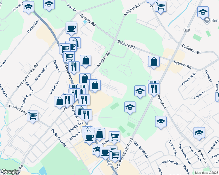 map of restaurants, bars, coffee shops, grocery stores, and more near 3131 Knights Road in Cornwells Heights