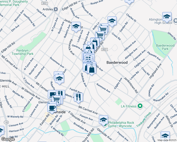 map of restaurants, bars, coffee shops, grocery stores, and more near 266 North Keswick Avenue in Glenside