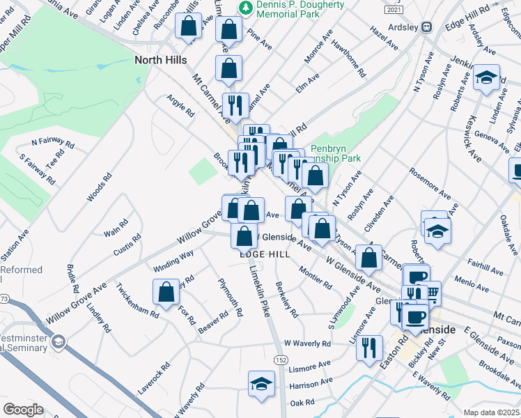 map of restaurants, bars, coffee shops, grocery stores, and more near 535 East Avenue in Glenside