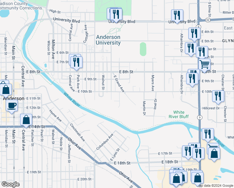 map of restaurants, bars, coffee shops, grocery stores, and more near 1305 East 10th Street in Anderson