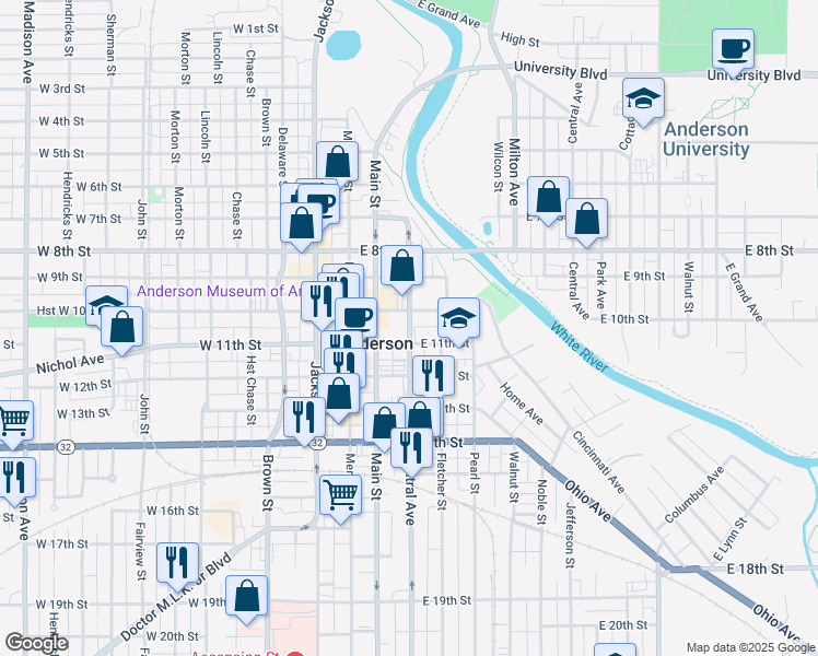 map of restaurants, bars, coffee shops, grocery stores, and more near 1009 Central Avenue in Anderson