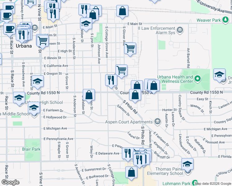 map of restaurants, bars, coffee shops, grocery stores, and more near 1301 East Washington Street in Urbana
