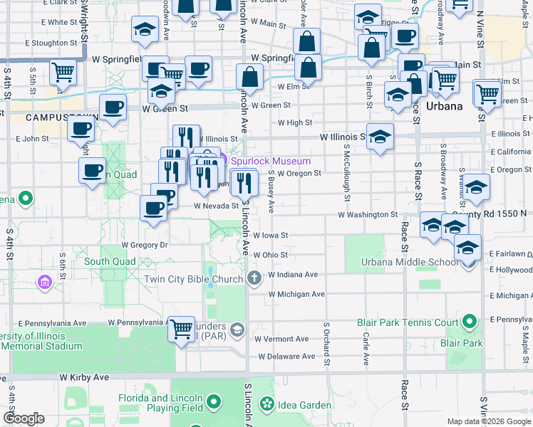 map of restaurants, bars, coffee shops, grocery stores, and more near 809 South Busey Avenue in Urbana