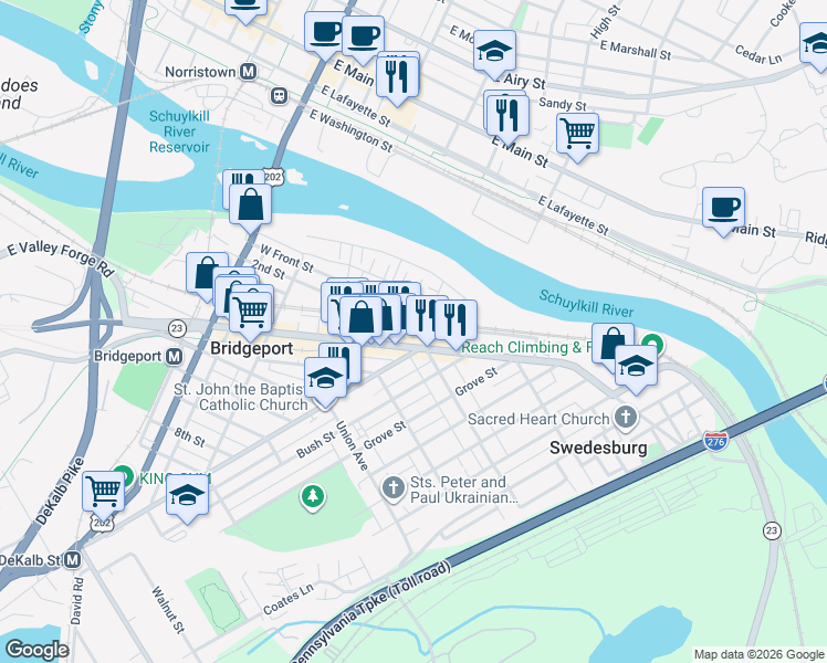 map of restaurants, bars, coffee shops, grocery stores, and more near in Bridgeport
