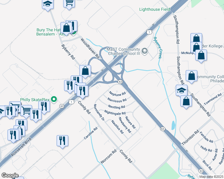 map of restaurants, bars, coffee shops, grocery stores, and more near 2935 Normandy Drive in Philadelphia