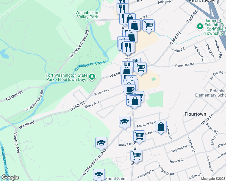 map of restaurants, bars, coffee shops, grocery stores, and more near 30 Weiss Avenue in Flourtown