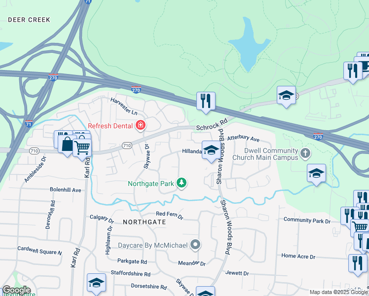 map of restaurants, bars, coffee shops, grocery stores, and more near 1852 Hillandale Avenue in Columbus