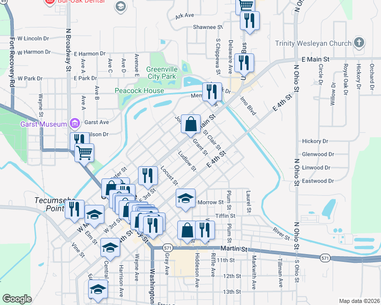 map of restaurants, bars, coffee shops, grocery stores, and more near 510 East 3rd Street in Greenville