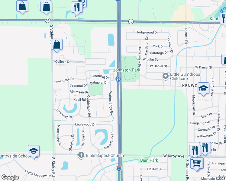 map of restaurants, bars, coffee shops, grocery stores, and more near 1004 Waters Edge Road in Champaign