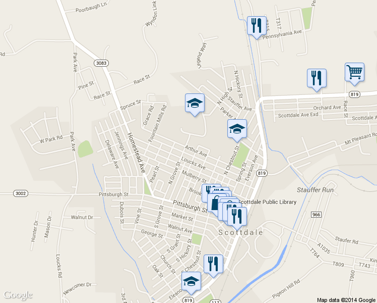 map of restaurants, bars, coffee shops, grocery stores, and more near 705 Arthur Ave in Scottdale
