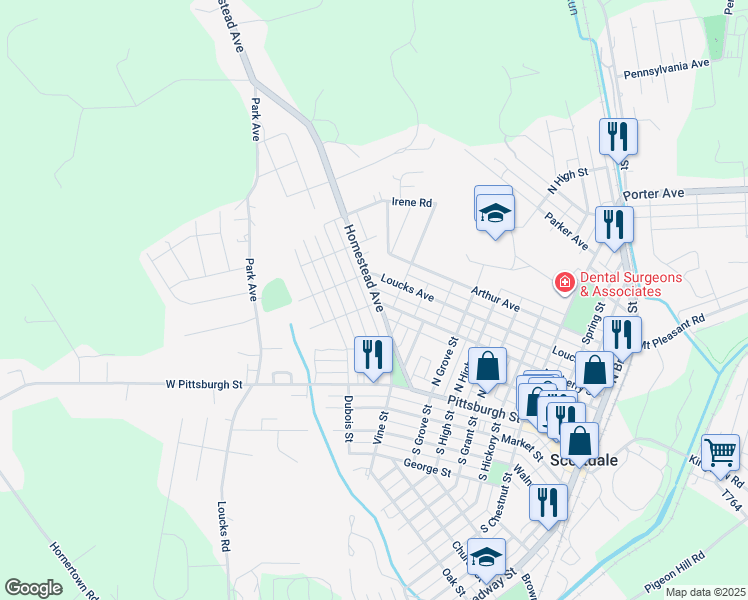 map of restaurants, bars, coffee shops, grocery stores, and more near 201 Homestead Avenue in Scottdale