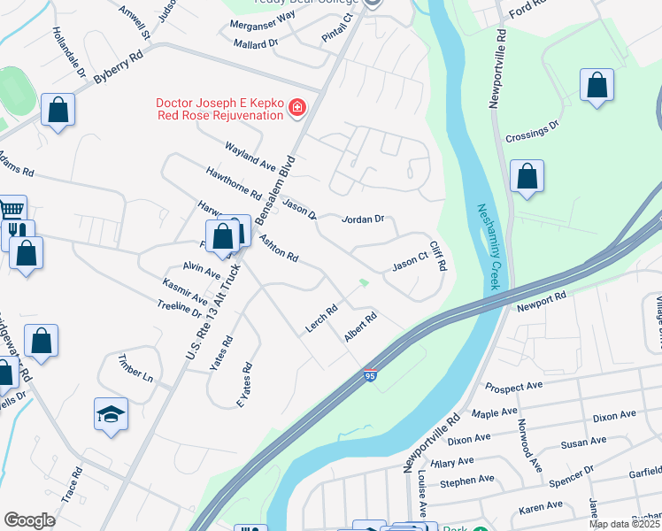 map of restaurants, bars, coffee shops, grocery stores, and more near 859 Ashton Road in Bucks County