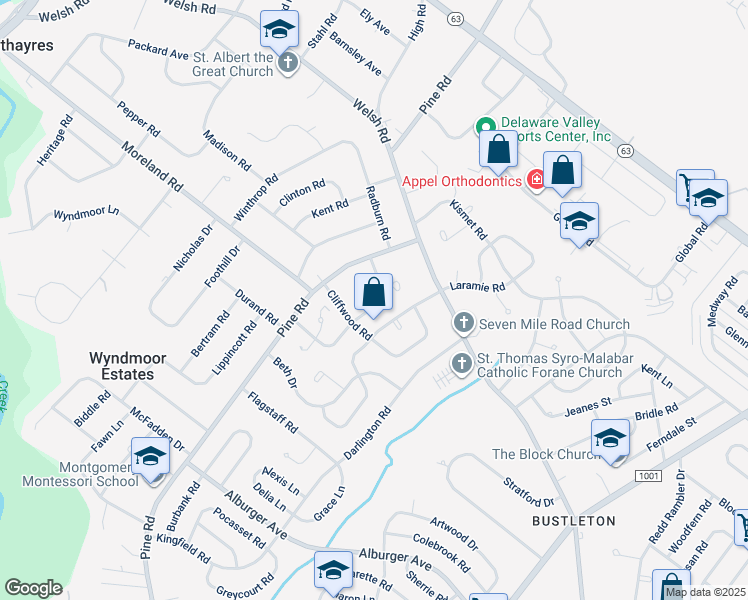 map of restaurants, bars, coffee shops, grocery stores, and more near 9676 Sandanne Road in Philadelphia