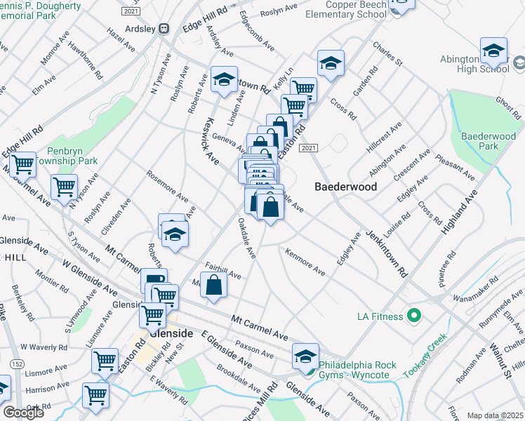 map of restaurants, bars, coffee shops, grocery stores, and more near 270 North Keswick Avenue in Glenside