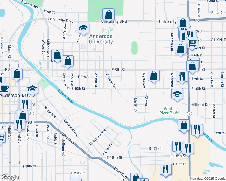 map of restaurants, bars, coffee shops, grocery stores, and more near 1305 East 10th Street in Anderson