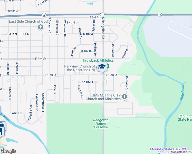 map of restaurants, bars, coffee shops, grocery stores, and more near 3227 East 10th Street in Anderson