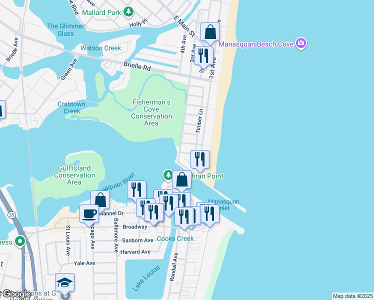 map of restaurants, bars, coffee shops, grocery stores, and more near 560 Perch Avenue in Manasquan