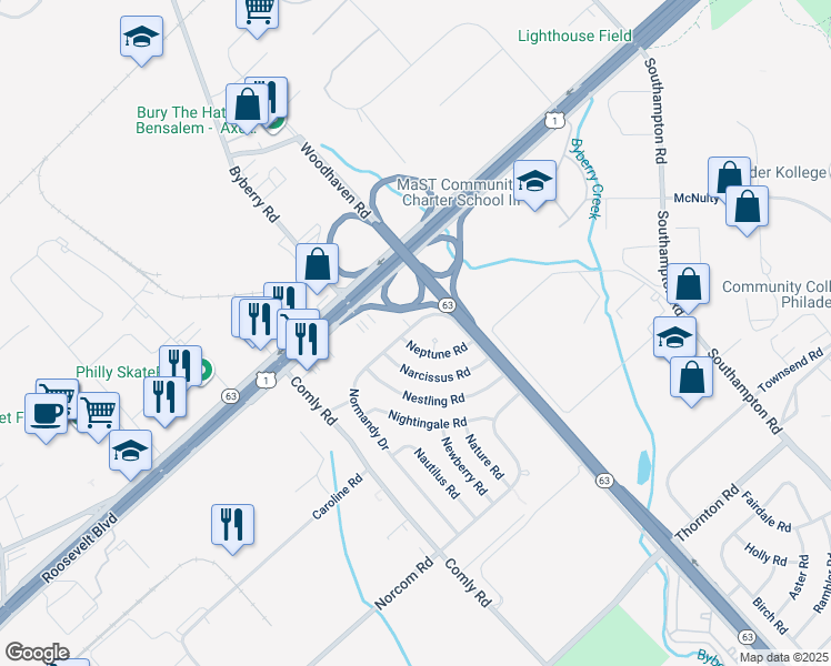 map of restaurants, bars, coffee shops, grocery stores, and more near 2935 Normandy Drive in Philadelphia