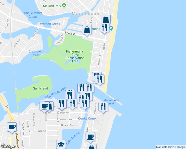 map of restaurants, bars, coffee shops, grocery stores, and more near 560 Perch Avenue in Manasquan