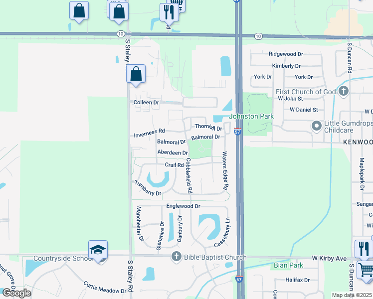 map of restaurants, bars, coffee shops, grocery stores, and more near 3902 Aberdeen Drive in Champaign