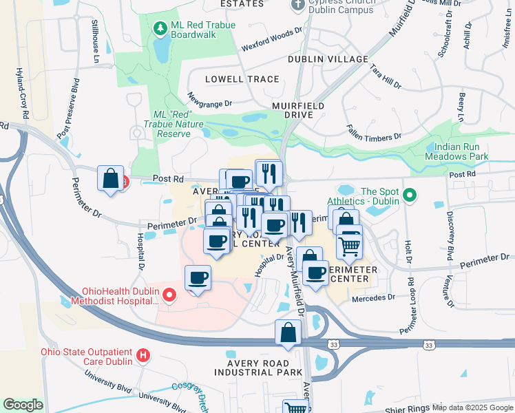 map of restaurants, bars, coffee shops, grocery stores, and more near 6400 Perimeter Drive in Dublin