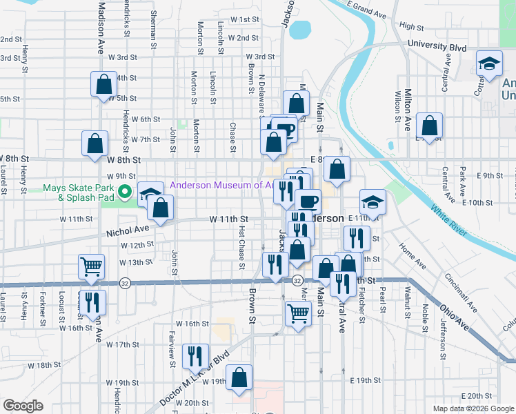 map of restaurants, bars, coffee shops, grocery stores, and more near 1030 Hst Brown-Delaware Street in Anderson