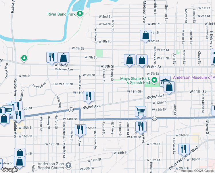 map of restaurants, bars, coffee shops, grocery stores, and more near 1022 Laurel Street in Anderson
