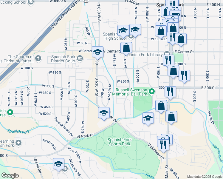 map of restaurants, bars, coffee shops, grocery stores, and more near 309 South 540 West in Spanish Fork