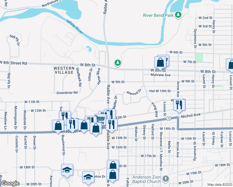 map of restaurants, bars, coffee shops, grocery stores, and more near 2422 Lowell Lane in Anderson