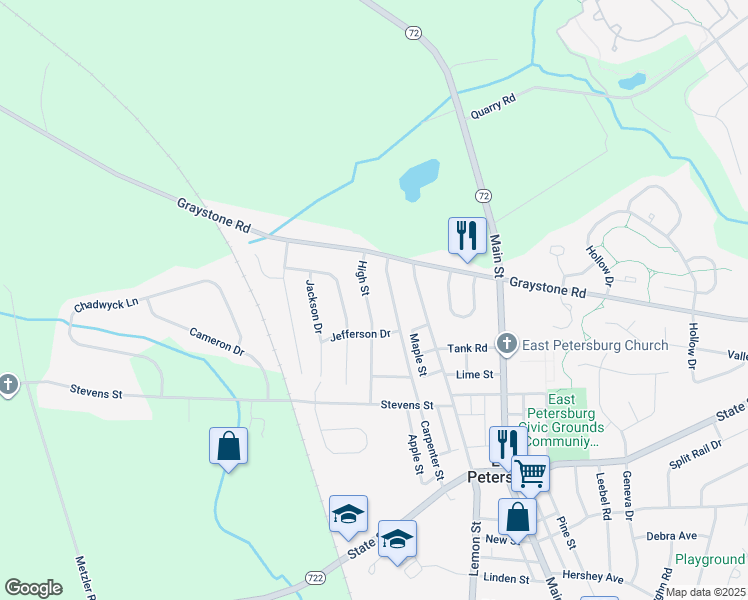 map of restaurants, bars, coffee shops, grocery stores, and more near 6341 High Street in East Petersburg