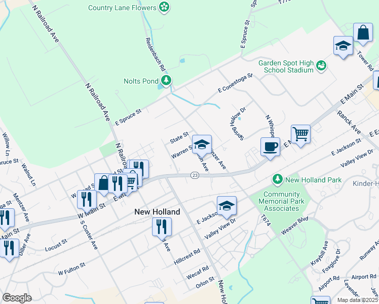 map of restaurants, bars, coffee shops, grocery stores, and more near 360 Warren Street in New Holland